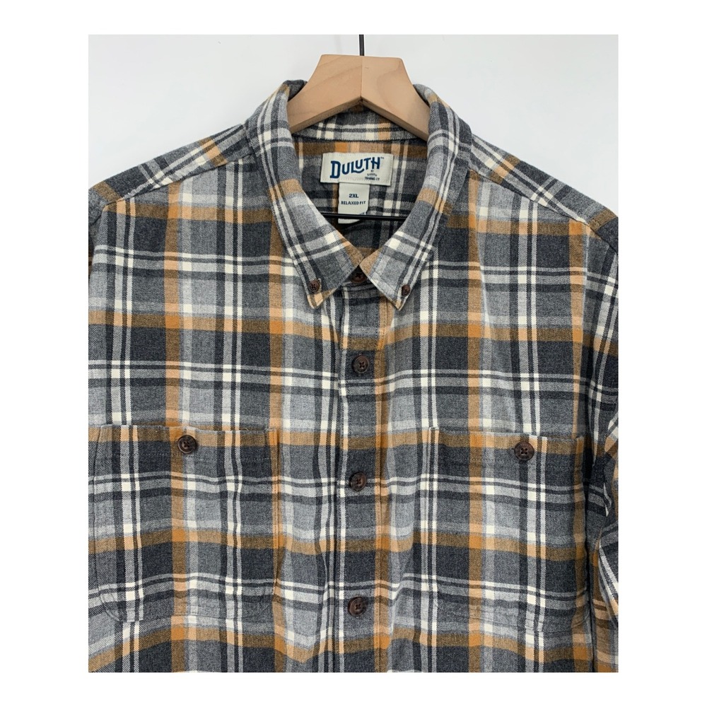 Duluth Trading Co Flannel Shirt Mens 2XL Gray Orange Plaid Relaxed Fit Fall